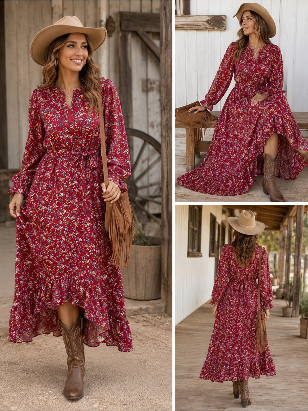 Women's Red Floral Long Sleeve Maxi Dress